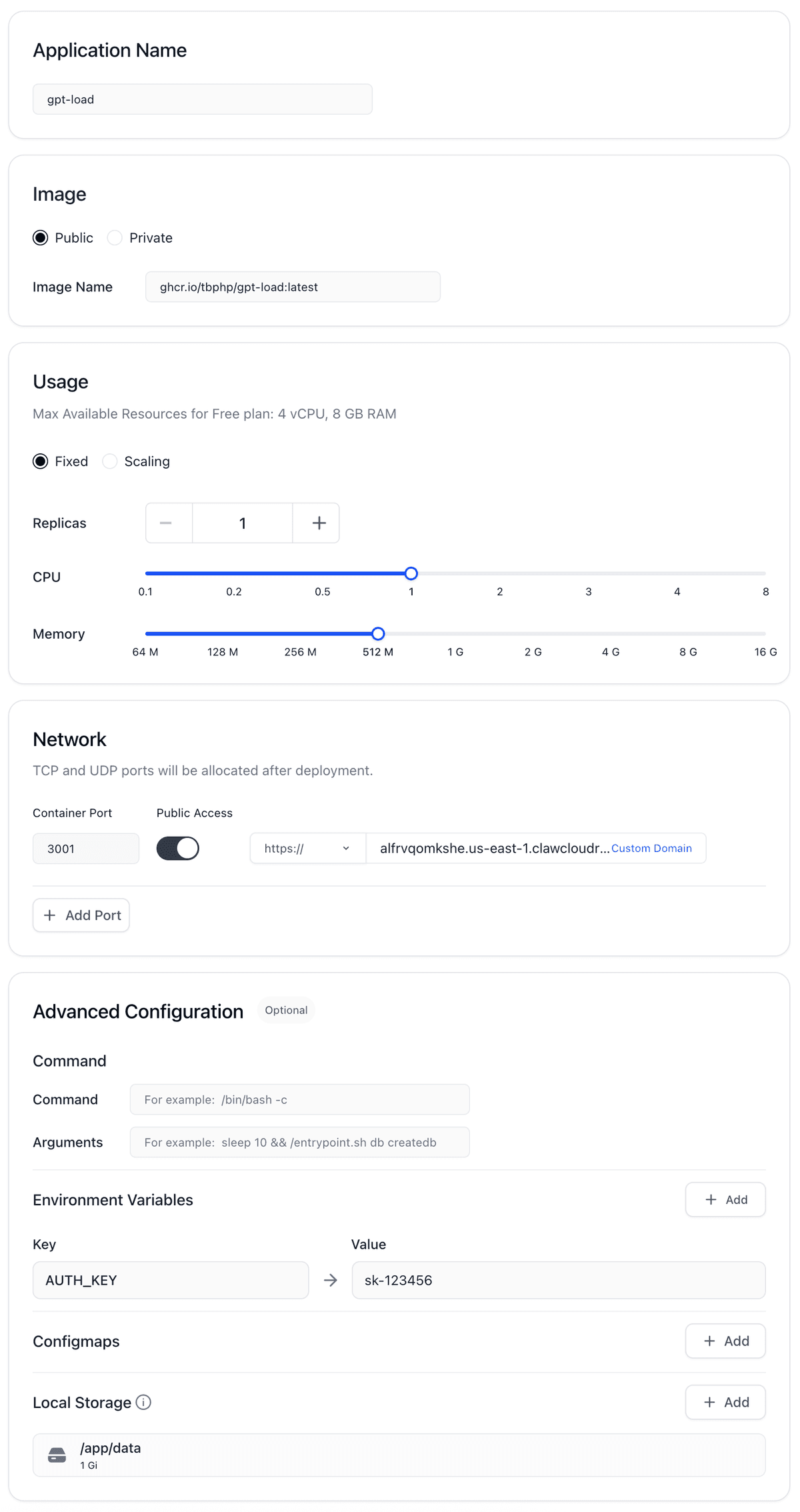 Claw Cloud 应用配置界面