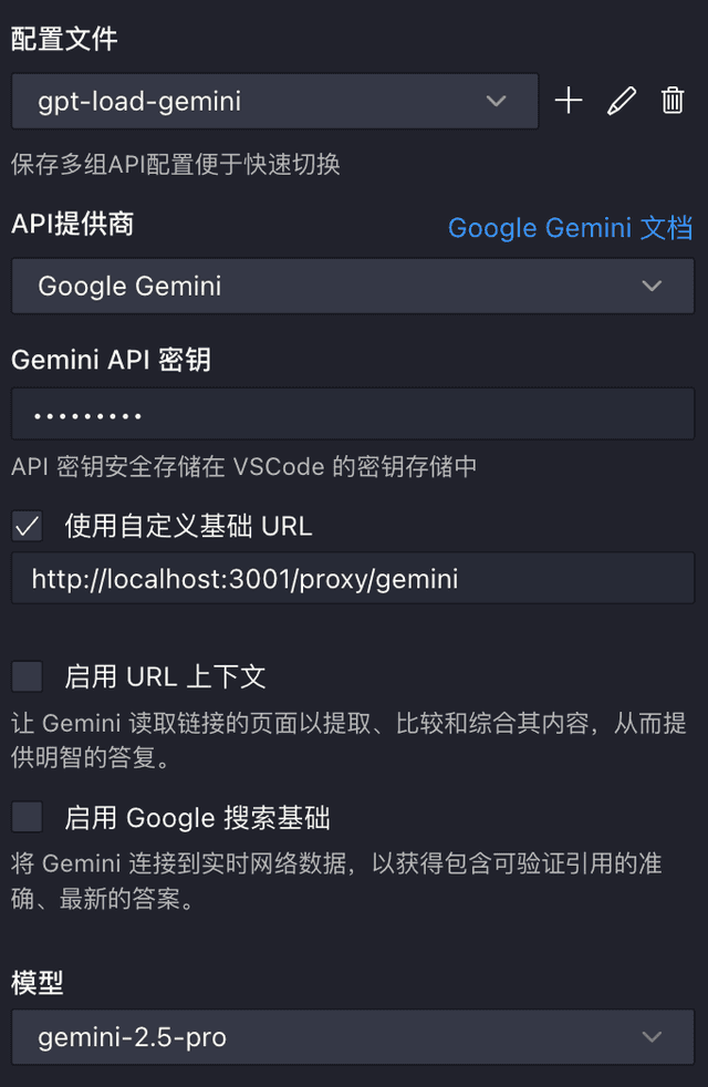 Google Gemini 供应商配置截图